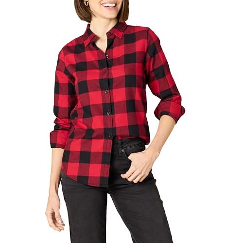 Amazon Essentials Damen Regular-Fit Leichtes Kariertes Langarm-Flanellhemd, Rot Buffalo Karos, M