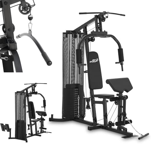 ArtSport Kraftstation ProfiGym 3000 mit 14 Gewichten, 77 kg - Bizeps, Lattzug, Butterfly, Brust- & Beinpresse - Fitnessstation für Zuhause - Schwarz