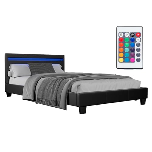 Juskys Polsterbett Paris 120x200 cm mit LED-Beleuchtung, Lattenrost & Kopfteil, Bett mit Gestell aus Holz & Kunstleder Bezug, schwarz