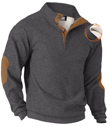 VOGSTART Herrenmode Vollarm Pullover Herbst Strapazierfähiger Pullover Viertel Dick Gerippter Cord Winter Stehkragen Flaum Schwer Klassisch Warm Farbblock Ellbogen Patches Hemden Grau - Streifen L