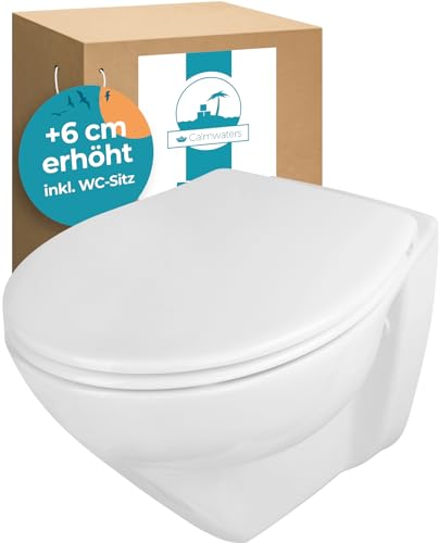 Calmwaters® Erhöhtes Wand WC spülrandlos Modern Plus mit Toilettendeckel, +6 cm Erhöhung, erhöhte Toilette inkl. abnehmbarem WC Sitz mit Absenkautomatik und Fast-Fix, Komfort Tiefspüler, Weiß