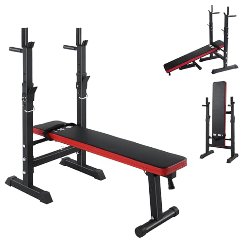 ISE Hantelbank Drückerbank Trainingsbank mit 5 Stufen Verstellbarer Ablage 91-110cm und Dip-Griffen Fitnessgerät Hantelbank Bankdrücken Klappbar Bankdrücken Bank Fitness Bank Klappbar Hantel Ständer