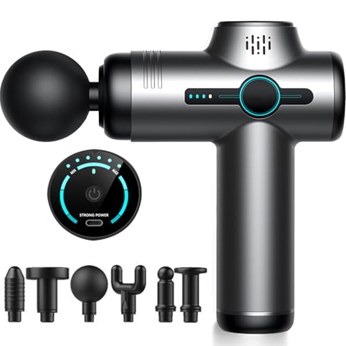 Massagepistole, Massage Gun mit 6 Geschwindigkeiten & 6 Köpfen, mit LCD Touchscreen, Tiefengewebe Massagegerät für Rücken, Schultern, Beine (Grau)