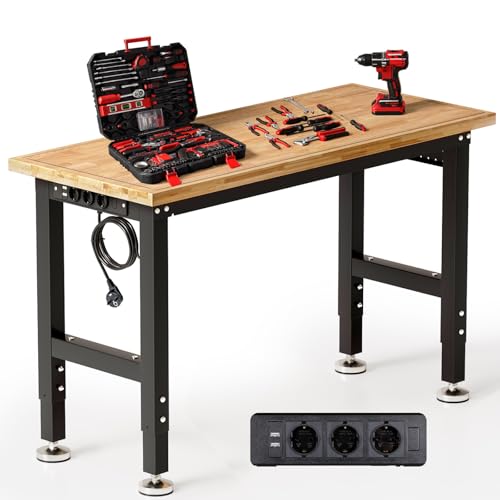 TLGREEN Schwerlast Werkbank aus Gummibaumholz, 122cm Arbeitstisch 5-stufig Verstellbare Höhen, Werktisch mit Steckdosen und Stecktafel, 907kg Tragkraft,4 PCS Füße, Garagentisch für Werkstatt Büro Haus