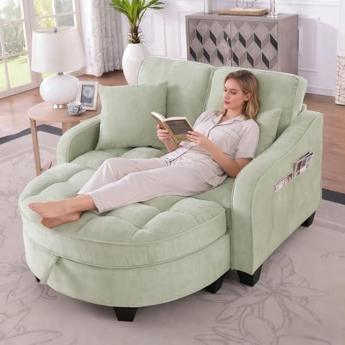 ZIDEY Sofa mit mit Aufbewahrungs-Hocker, Schlafsofa mit Verstellbarer Rückenlehne und Kissen, Klein Sofa, für kleine Wohnzimmer,Studienzimmer,Schlafzimmer,Grün