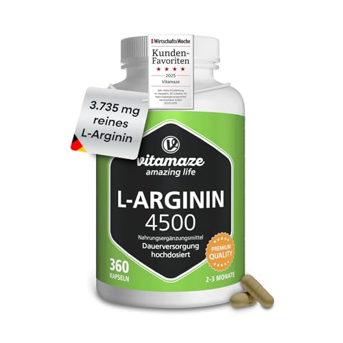 L-Arginin Kapseln hochdosiert, 750 mg pro Kapsel, 360 Kapseln reines L-Arginin HCL aus pflanzlicher Fermentation, Nahrungsergänzung ohne unnötige Zusatzstoffe, Made in Germany
