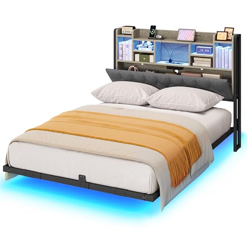 YITAHOME Bettgestell LED mit Kopfteil LED-Beleuchtung USB-Ladestation inkl Kopfteil schwebendes Design Metallrahmen Stoffbezug in grau ohne Matratze 140X200CM