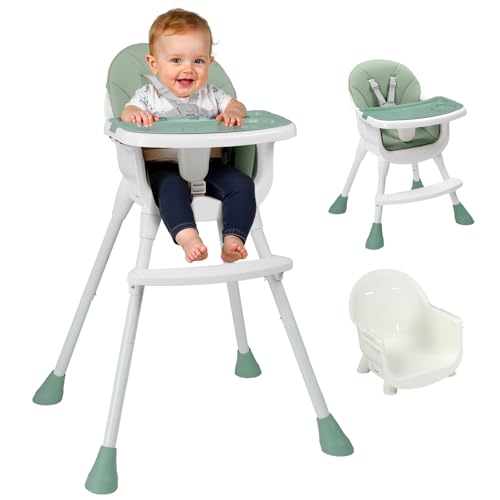 LEADZM 3 in 1 Babyhochstuhl, Verstellbar zum niedrigen Kinderhocker, Abnehmbares Doppeltablett, Mit 5-Punkt-Sicherheitsgurt, Maximale Belastung 15 kg, Geeignet für Babys von 6 bis 36 Monaten (Grün)