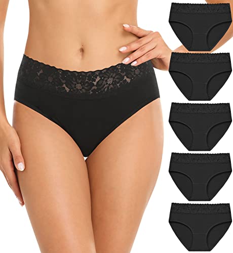 Wealurre Damen Unterhosen Baumwolle Slip Damen Unterwäsche Spitze Unterwäsche Frauen Höschen 5er Pack (6004 Black,L)