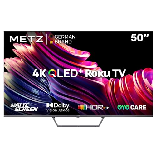 METZ Blue Roku TV, QLED 4K Smart TV 50 Zoll, 127cm, Fernseher mit Blendfreier Bildschirm, Dolby Vision, HDR10, HLG, DTS Studio, Triple Tuner DVB-T/T2/C/S/S2, WLAN, LAN, HDMI, USB, 50MQE7011