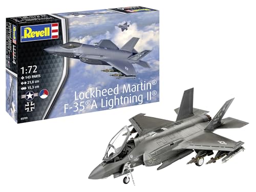 Revell Modellbausatz Lockheed Martin F-35A Lightning II – 1:72 Tarnkappenflugzeug, Detailgetreu, 3 Versionen, Waffenbestückung, JDAM, Paveway II, Modellbau für Militärflugzeug-Sammler