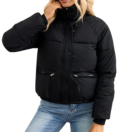 EFOGEP Damen Cropped Puffer Jacke: Winter Casual gepolstertes leichtes kurzes Daunenmantel Stand Kragen Zip Up Langarm Damen winddicht warme Oberbekleidung mit Taschen Schwarz M