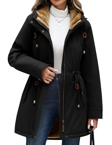 CMTOP Winterjacke Damen Wasserdicht Warme Kordelzug Parka Fleece Gefüttert Wintermantel mit Kapuze Lässiger Dicke Kapuzenjacke Winddicht Zip Outdoorjacke mit Taschen(Schwarz, XL)