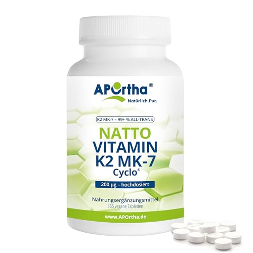 APOrtha Vitamin K2 MK7 200 µg 99+% ALL-Trans, 365 Tabletten hochdosiert vegan, Hochwertiges Natto K2 Vitamin leicht zu schlucken Nahrungsergänzung Vit K2, Vitamin K 2 Alternative zu K2 Tropfen Kapseln