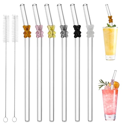 6 Stück Strohhalme Glas, Wiederverwendbar Glas Strohhalm, Trinkhalme glas Gebogen mit Reinigungsbürsten für Säfte, Cocktails, Smoothie, Kaffee, Milch（kleiner Bär)