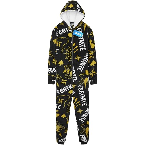 Get Trend Fortnite Schlafanzug Jungen Kinder Overall Kapuze, Winter Fleece Pyjama Kuschelig, 7-16 Jahre, Teens & Junge (13-14 Jahre, Schwarz/Gelb Fortnite)