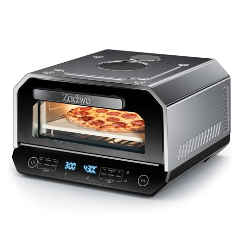 ZACHVO Pizzaofen Elektrisch 450°C – Neapolitanische Pizza in 90 Sek, Sichtfenster & Innenbeleuchtung, 13 Programme (6 Pizza + 6 Kochen + Profi), 14,6L Großes, Pizzaschaufel & Pizzastein & Backblech