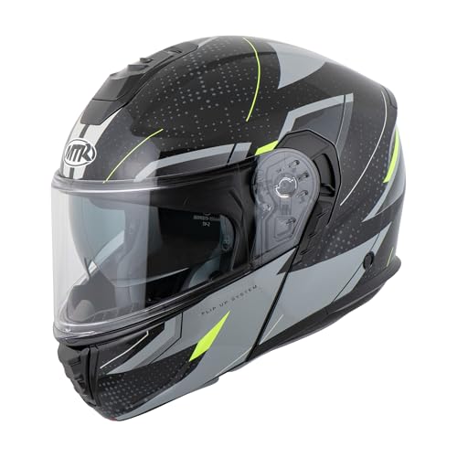 MTR K-4 Evo Klapphelm, als Jethelm & Integralhelm ECE 22.06 Geprüft, Motorradhelm mit Sonnenvisier, Mopedhelm mit Komfort-Innenfutter, Motorradhelm Herren & Damen, Fusion Grau/Neongelb, XXL