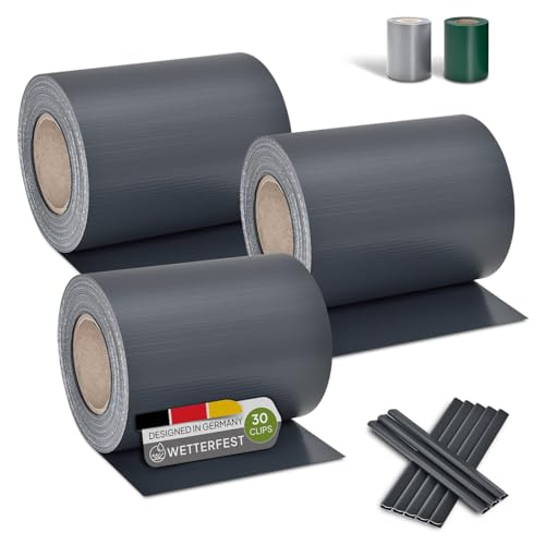 Juskys PVC Sichtschutzstreifen Doppelstabmatten Zaun 3er Set - 3 Rollen á 35m x 19cm - 90 Befestigungsclips - Zaunfolie Sichtschutz Windschutz - anthrazit