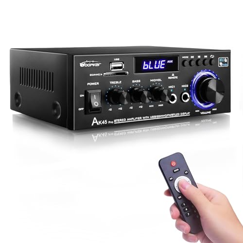 AK45 Pro HiFi-Verstärker WOOPKER Mini Verstärker, 500W,2 Kanäle Bluetooth Verstärker HiFi Stereo w/UKW-Radio, USB,SD,RCA,MIC In,Audio Verstärker Receiver für Zuhause oder Auto