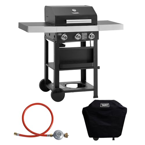 TAINO WABAYA 3+0 Gasgrill Grillwagen 3 Brenner Keramik Sear-Burner Piezo-Zündung Thermometer Warmhalterost Schwarz Matt mit Abdeckhaube