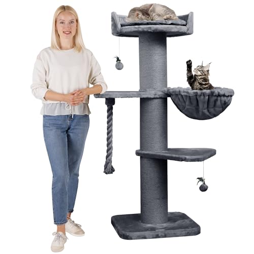 HAPPYPET Premium Kratzbaum Grosse Katzen Stabil 'Cooper' – 150 cm Großer Katzenbaum, Kletterbaum für Maine Coon, Natursisal, 20 cm Dicke Stämme - Grau