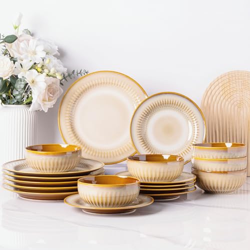 LeRatio Geschirrset für 6 Personen, 18-tlg Reaktive Glasur Steingut Geschirr Set, Keramik Kratzfestes- Schüssel- und Teller-Set, Spülmaschinen- und Mikrowellenfestes (Cappuccino, 18 Teile Set)