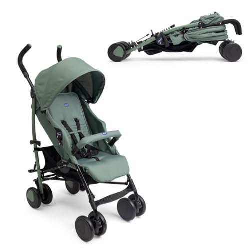 Chicco Echo Lite Kinderwagen, Buggy ab Geburt bis 22 kg, verstellbare Rückenlehne, geräumiger Sitz, Stoßstangenmanschette, Schirmbuggy, Zwillingsbremsen und schwenkbare Vorderräder, Grün