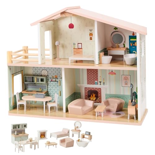Holzpuppenhaus – Holz-Puppenhaus mit Möbeln, Buntes Spielhaus für Kinder, 20 Stück, Robustes Holzspielzeug ab 3 Jahren, Puppenheim für kreative Rollenspiele