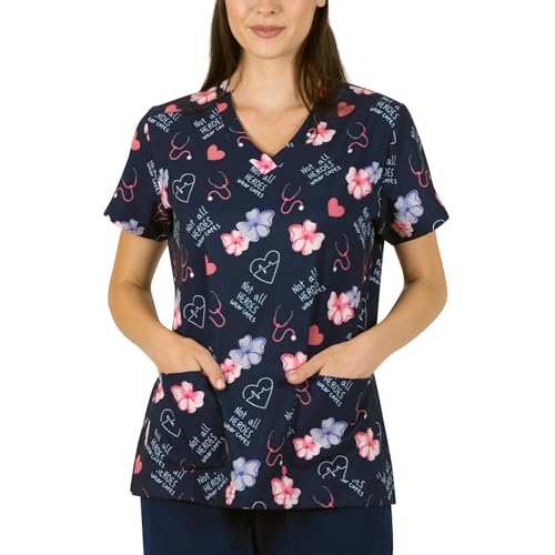 B-well Isabella Kasacks Damen Pflege mit Spandex, Kasack Motiv, Kasaks Altenpflege Damen mit Motiv, Kurzarm und V-Ausschnitt (Helden, XL)