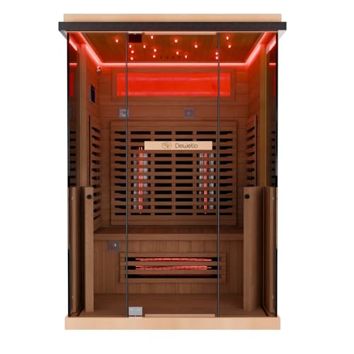 Dewello® Infrarotkabine Infrarotsauna KENORA 130x105 für 1-2 Personen aus Hemlockholz, Vollspektrumstrahler, Bodenstrahler, LED-Farblicht, Bluetooth, mit Salzsteinoptik