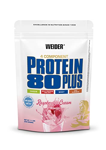 WEIDER Protein 80 Plus Eiweißpulver, Himbeer-Sahne, Low-Carb, Mehrkomponenten Casein Whey Mix für Proteinshakes, 500g