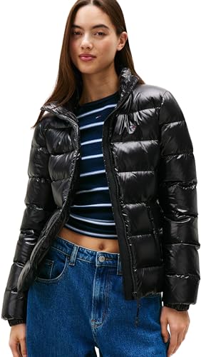 Tommy Jeans Damen Pufferjacke Slim Zip Print Down Wasserabweisend, Schwarz (Black), S