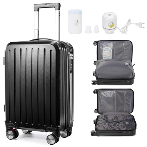 WEPOET Koffer Handgepäck mit Vakuumsystem, Reise Vakuum Koffer Handgepäck mit Pumpen, Leicht Reisekoffer mit TSA Schloss und 360° Spinner Räder, Hartschale Carry On Luggage(schwarz)