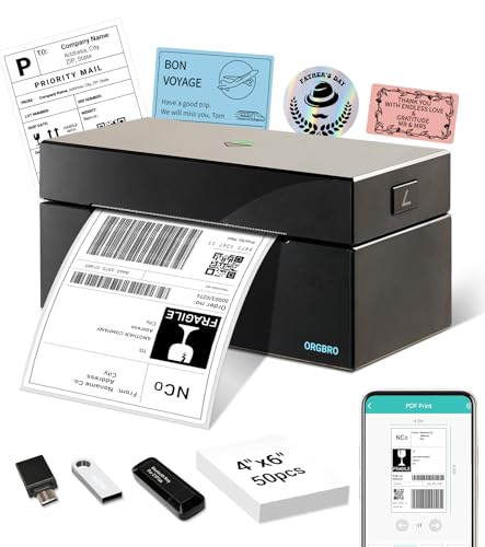 ORGBRO Bluetooth Etikettendrucker Z1 Plus DHL Thermodrucker Etikettiergerät 4x6 Versandetiketten Drucker Labeldrucker für Barcode, Adresse, Kompatibel mit Amazon, Etsy, Shopify, Schwarz