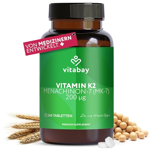 Vitabay Vitamin K2 Hochdosiert 200 µg (mcg) - 240 Vitamin K2 Tabletten Vegan & Laborgeprüft - MK-7 (Menachinon-7) aus natürlichen Zutaten in All-Trans Form - Hohe Bioverfügbarkeit