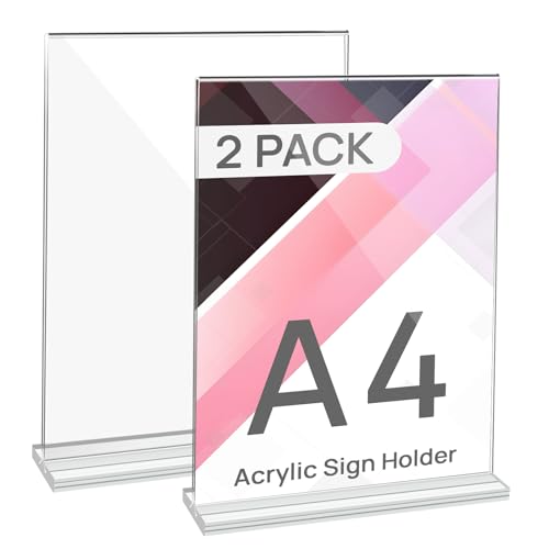 JEFURE 2 Stück Tischaufsteller A4, T-Ständer Klar Acryl Aufsteller, Doppelseitiger Preisschilder Flyer Aufsteller, Menükartenhalter für Hochzeit, Restaurant, Büro, Cafe