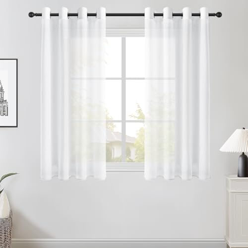 Topfinel Gardinen Kurz Vorhang Stores Gardine mit Ösen Vorhänge Weiß Halbtransparent Gardienen Schals Wohnzimmer Modern Weihnachtsdeko Fenster Ösenvorhang 2er Set 145x140cm (HxB)