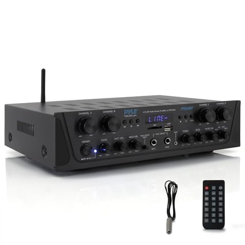 Pyle Bluetooth Stereo Verstärker 500 W – 4-Kanal Mini Receiver mit USB, AUX, FM-Radio, Subwoofer RCA & Mikrofoneingang mit Echo Kabelloses Streaming, Für Heimkino, Studio & PA-Anlage