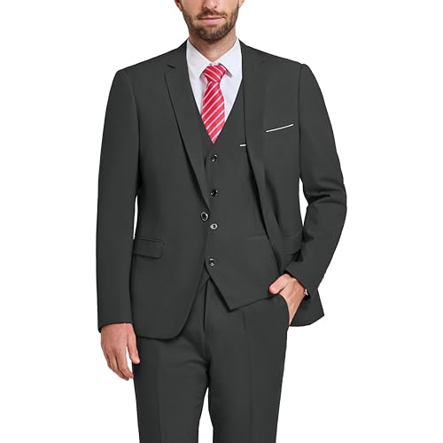 Hihawk Herren 3-teiliger Anzug mit Stretch Stoff Solid Slim Fit EIN-Knopf Anzug Blazer Set Jacke Weste Hose mit Krawatte, Tiefes grau, L