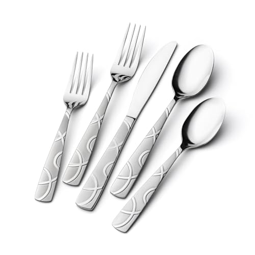 HIKAA 30-Teiliges Besteckset, Modernes Besteck Set 6 Personen, Edelstahl Essbesteck für die Küche, Hochglanzpoliertes Cutlery Set mit Gabeln, Löffeln und Messern, Spülmaschinenfest(Silber)