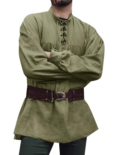 Runcati Mittelalter Hemd Herren Piratenhemd Langarm Steampunk Wiking Renaissance Viktorian Halloween Kostüm Shirt Oberteile,Armeegrün,XL