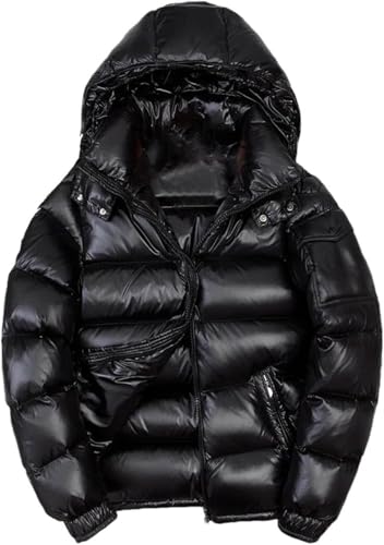 Goolecrimp Glänzende Daunenjacke mit Stehkragen und Kapuze für Herren Winddichte warme Dicke Outdoor Jacke Modische lockere wasserfeste Freizeitjacke (Schwarz,M)