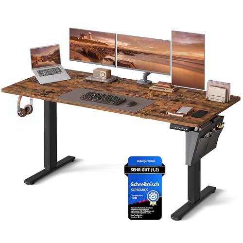 SONGMICS Höhenverstellbarer Schreibtisch elektrisch, 160 x 70 cm, Verstellbarer Tisch, Memory-Funktion für 4 Höhen, für Büro, vintagebraun LSD136K01