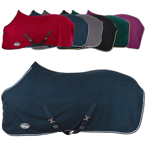 Marengos - Abschwitzdecke Economic mit Kreuzgurten (abnehmbar) | Pferdedecke mit Frontschnalle, Schweifkordel & Widerristpolster | atmungsaktive Fleecedecke | Pferde Zubehör in Dunkelblau | 145cm