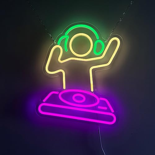 Neon Schild, DJ Boy LED Neonlicht, Gelb + Grün + Lila LED Lichtzeichen Neon Neon Schild Nachtlichter, Acryl USB Neon Sign Leuchtschrift für Wand Game Room Bar Party Deko - 40×30CM
