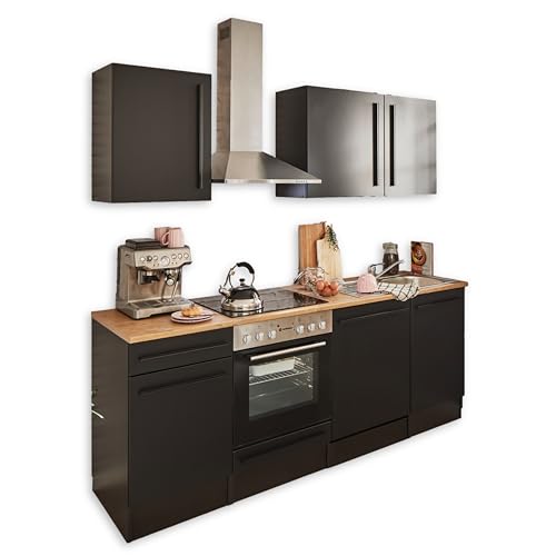 JAZZ 8 Moderne Küchenzeile ohne Elektrogeräte in Schwarz matt, Lanzelot Eiche Optik - Geräumige Einbauküche mit viel Stauraum - 220 x 211 x 60 cm (B/H/T)