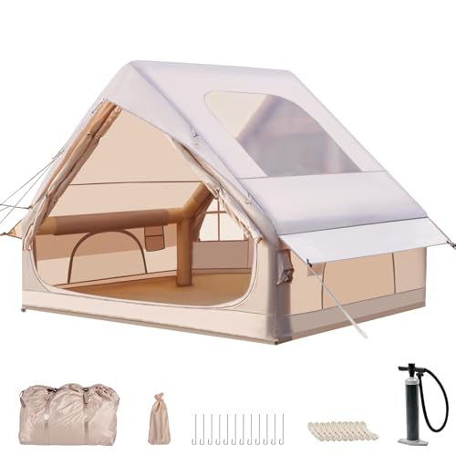 Aufblasbares Campingzelt mit Pumpe, 420D Oxford Glamping Aufblasbares Zelt für Camping mit Kaminöffnung & Großes Dachfenster, 4 Saison Anti-UV Kabinenzelt mit Mesh Fenster & Türen für 2-6 Person