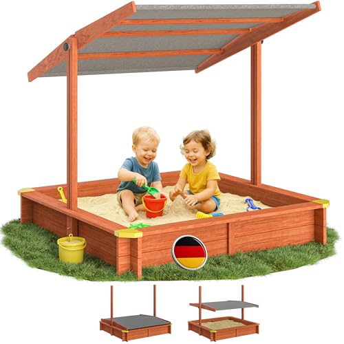 Spielwerk® Sandkasten Max Sonnendach 140x140x120cm imprägniertes Holz Füllstand Skala UV 50+ Kantenschutz Bodenvlies Sandspielzeug Kinder Sandbox Sandkiste