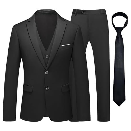 KUDMOL Herren Anzug 3 Stück Zwei Knöpfe Business Hochzeit Smoking Herren Anzug Jacke Weste Hose Set mit Krawatte(Schwarz,2XL